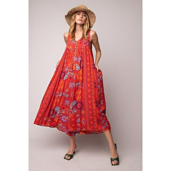 easel Pants - Florally Yours Floral Print Sleeveless Wide Leg Jumpsuit in Scarlett